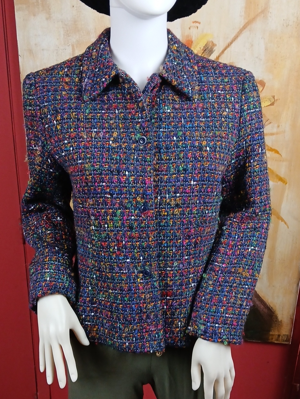 Vintage Rena Rowan Multicolor Tweed Women's Jacket - Vibrant Navy Base